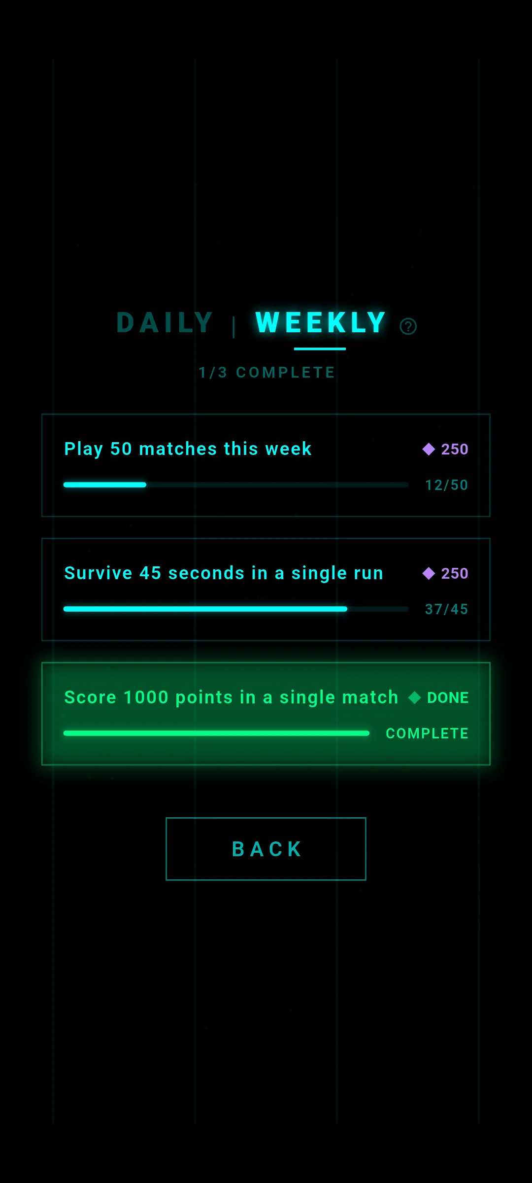 Weekly challenges screen — 3 challenges with progress bars