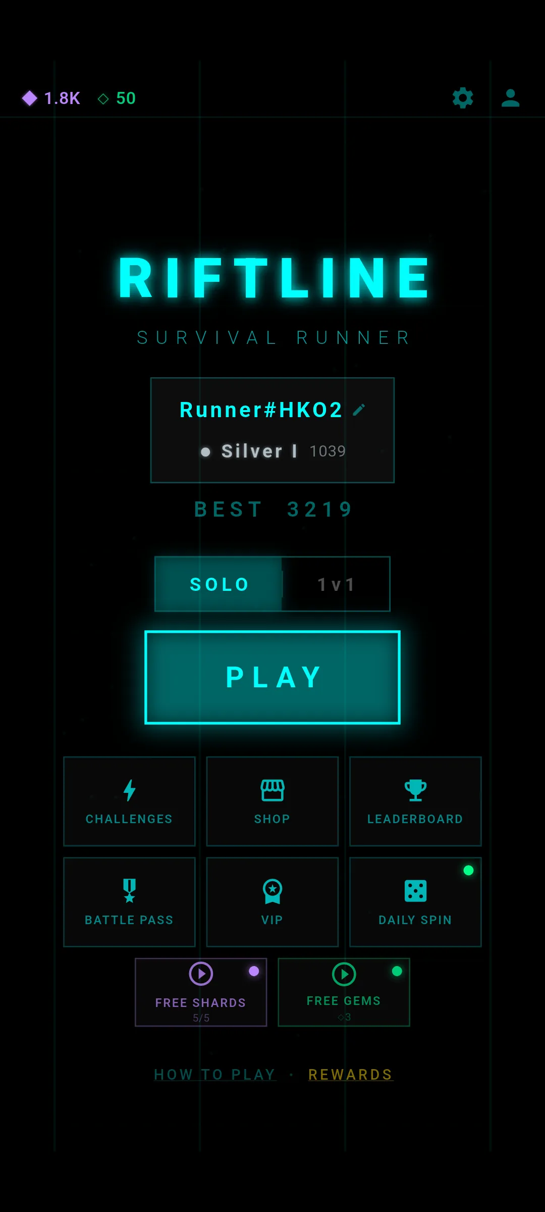 Riftline main menu — wordmark, PLAY button, and nav grid